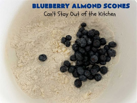 Blueberry Almond Scones | Can't Stay Out of the Kitchen | #BlueberryAlmondScones are outrageously good. These amazing #scones include #blueberries, #almonds & #AlmondExtract. They are so delightful with your morning coffee that you won't be able to put them down! Try these scrumptious treats for a weekend, company or #holiday #breakfast like #Thanksgiving, #Christmas or #NewYears. Everyone will swoon! #HolidayBreakfast