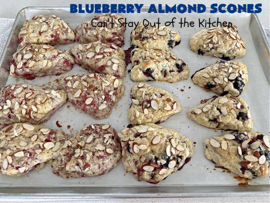 Blueberry Almond Scones | Can't Stay Out of the Kitchen | #BlueberryAlmondScones are outrageously good. These amazing #scones include #blueberries, #almonds & #AlmondExtract. They are so delightful with your morning coffee that you won't be able to put them down! Try these scrumptious treats for a weekend, company or #holiday #breakfast like #Thanksgiving, #Christmas or #NewYears. Everyone will swoon! #HolidayBreakfast