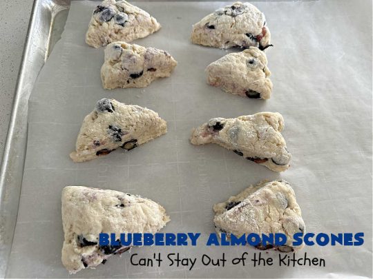 Blueberry Almond Scones | Can't Stay Out of the Kitchen | #BlueberryAlmondScones are outrageously good. These amazing #scones include #blueberries, #almonds & #AlmondExtract. They are so delightful with your morning coffee that you won't be able to put them down! Try these scrumptious treats for a weekend, company or #holiday #breakfast like #Thanksgiving, #Christmas or #NewYears. Everyone will swoon! #HolidayBreakfast