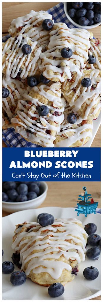 Blueberry Almond Scones | Can't Stay Out of the Kitchen | #BlueberryAlmondScones are outrageously good. These amazing #scones include #blueberries, #almonds & #AlmondExtract. They are so delightful with your morning coffee that you won't be able to put them down! Try these scrumptious treats for a weekend, company or #holiday #breakfast like #Thanksgiving, #Christmas or #NewYears. Everyone will swoon! #HolidayBreakfast