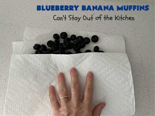 Blueberry Banana Muffins | Can't Stay Out of the Kitchen | these lovely #muffins pop in flavor with fresh #blueberries in every bite. Terrific #entree for any #breakfast or #brunch #buffet, especially good for company & #holidays. #Bananas & #applesauce keep these #BreakfastMuffins moist & delicious. #BlueberryBananaMuffins