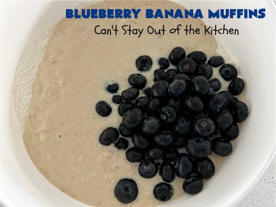 Blueberry Banana Muffins | Can't Stay Out of the Kitchen | these lovely #muffins pop in flavor with fresh #blueberries in every bite. Terrific #entree for any #breakfast or #brunch #buffet, especially good for company & #holidays. #Bananas & #applesauce keep these #BreakfastMuffins moist & delicious. #BlueberryBananaMuffins