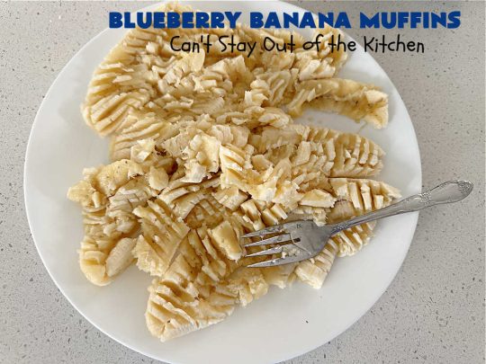 Blueberry Banana Muffins | Can't Stay Out of the Kitchen | these lovely #muffins pop in flavor with fresh #blueberries in every bite. Terrific #entree for any #breakfast or #brunch #buffet, especially good for company & #holidays. #Bananas & #applesauce keep these #BreakfastMuffins moist & delicious. #BlueberryBananaMuffins