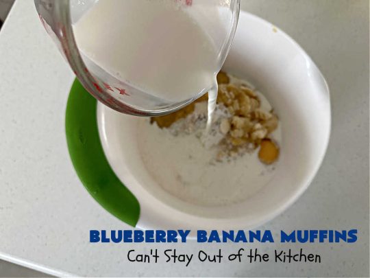 Blueberry Banana Muffins | Can't Stay Out of the Kitchen | these lovely #muffins pop in flavor with fresh #blueberries in every bite. Terrific #entree for any #breakfast or #brunch #buffet, especially good for company & #holidays. #Bananas & #applesauce keep these #BreakfastMuffins moist & delicious. #BlueberryBananaMuffins