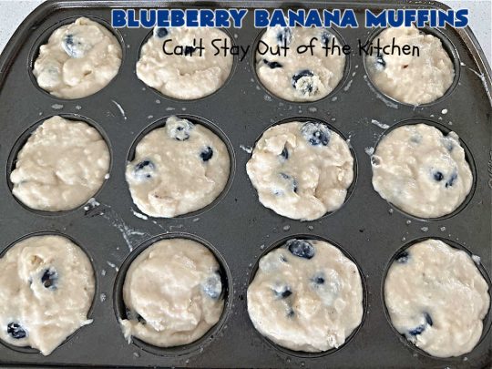 Blueberry Banana Muffins | Can't Stay Out of the Kitchen | these lovely #muffins pop in flavor with fresh #blueberries in every bite. Terrific #entree for any #breakfast or #brunch #buffet, especially good for company & #holidays. #Bananas & #applesauce keep these #BreakfastMuffins moist & delicious. #BlueberryBananaMuffins