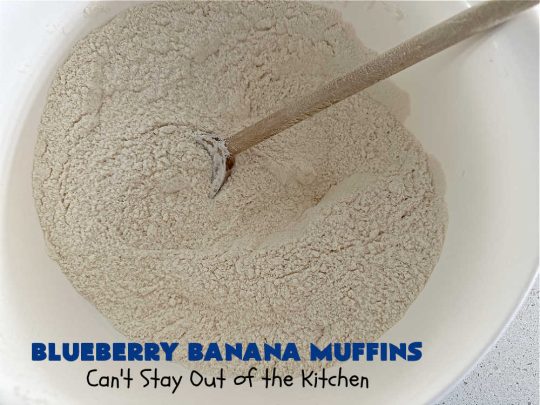 Blueberry Banana Muffins | Can't Stay Out of the Kitchen | these lovely #muffins pop in flavor with fresh #blueberries in every bite. Terrific #entree for any #breakfast or #brunch #buffet, especially good for company & #holidays. #Bananas & #applesauce keep these #BreakfastMuffins moist & delicious. #BlueberryBananaMuffins