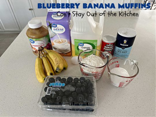 Blueberry Banana Muffins | Can't Stay Out of the Kitchen | these lovely #muffins pop in flavor with fresh #blueberries in every bite. Terrific #entree for any #breakfast or #brunch #buffet, especially good for company & #holidays. #Bananas & #applesauce keep these #BreakfastMuffins moist & delicious. #BlueberryBananaMuffins