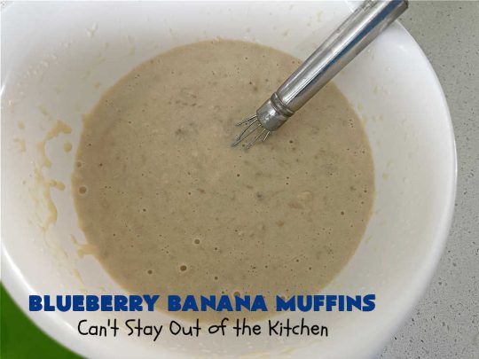 Blueberry Banana Muffins | Can't Stay Out of the Kitchen | these lovely #muffins pop in flavor with fresh #blueberries in every bite. Terrific #entree for any #breakfast or #brunch #buffet, especially good for company & #holidays. #Bananas & #applesauce keep these #BreakfastMuffins moist & delicious. #BlueberryBananaMuffins
