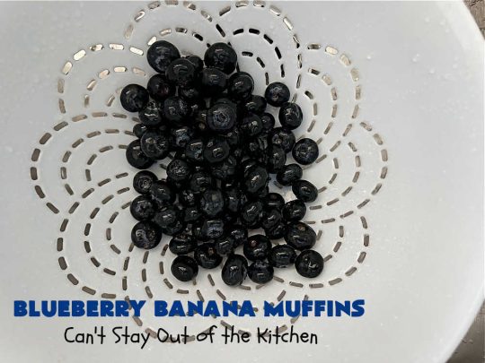 Blueberry Banana Muffins | Can't Stay Out of the Kitchen | these lovely #muffins pop in flavor with fresh #blueberries in every bite. Terrific #entree for any #breakfast or #brunch #buffet, especially good for company & #holidays. #Bananas & #applesauce keep these #BreakfastMuffins moist & delicious. #BlueberryBananaMuffins