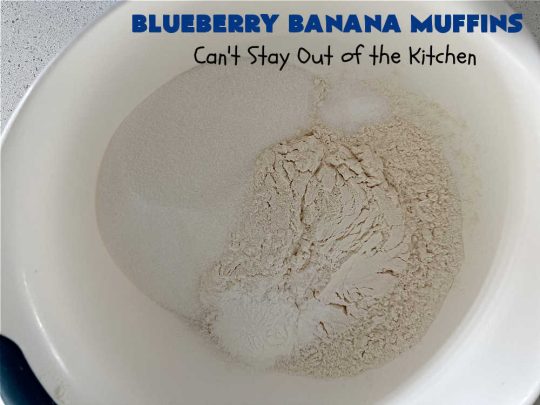 Blueberry Banana Muffins | Can't Stay Out of the Kitchen | these lovely #muffins pop in flavor with fresh #blueberries in every bite. Terrific #entree for any #breakfast or #brunch #buffet, especially good for company & #holidays. #Bananas & #applesauce keep these #BreakfastMuffins moist & delicious. #BlueberryBananaMuffins