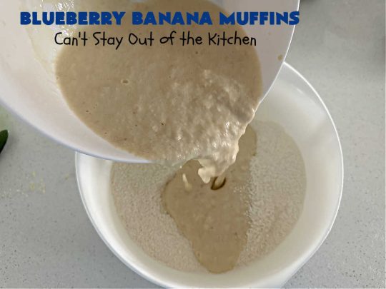 Blueberry Banana Muffins | Can't Stay Out of the Kitchen | these lovely #muffins pop in flavor with fresh #blueberries in every bite. Terrific #entree for any #breakfast or #brunch #buffet, especially good for company & #holidays. #Bananas & #applesauce keep these #BreakfastMuffins moist & delicious. #BlueberryBananaMuffins
