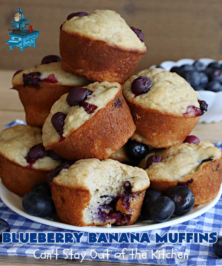 Blueberry Banana Muffins | Can't Stay Out of the Kitchen | these lovely #muffins pop in flavor with fresh #blueberries in every bite. Terrific #entree for any #breakfast or #brunch #buffet, especially good for company & #holidays. #Bananas & #applesauce keep these #BreakfastMuffins moist & delicious. #BlueberryBananaMuffins