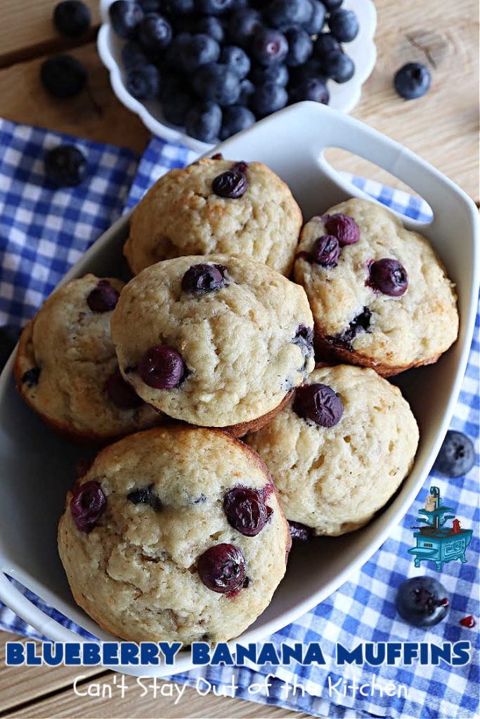 Blueberry Banana Muffins | Can't Stay Out of the Kitchen | these lovely #muffins pop in flavor with fresh #blueberries in every bite. Terrific #entree for any #breakfast or #brunch #buffet, especially good for company & #holidays. #Bananas & #applesauce keep these #BreakfastMuffins moist & delicious. #BlueberryBananaMuffins