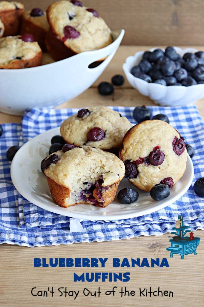 Blueberry Banana Muffins | Can't Stay Out of the Kitchen | these lovely #muffins pop in flavor with fresh #blueberries in every bite. Terrific #entree for any #breakfast or #brunch #buffet, especially good for company & #holidays. #Bananas & #applesauce keep these #BreakfastMuffins moist & delicious. #BlueberryBananaMuffins