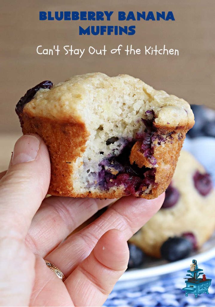 Blueberry Banana Muffins | Can't Stay Out of the Kitchen | these lovely #muffins pop in flavor with fresh #blueberries in every bite. Terrific #entree for any #breakfast or #brunch #buffet, especially good for company & #holidays. #Bananas & #applesauce keep these #BreakfastMuffins moist & delicious. #BlueberryBananaMuffins