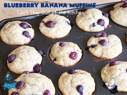 Blueberry Banana Muffins | Can't Stay Out of the Kitchen | these lovely #muffins pop in flavor with fresh #blueberries in every bite. Terrific #entree for any #breakfast or #brunch #buffet, especially good for company & #holidays. #Bananas & #applesauce keep these #BreakfastMuffins moist & delicious. #BlueberryBananaMuffins