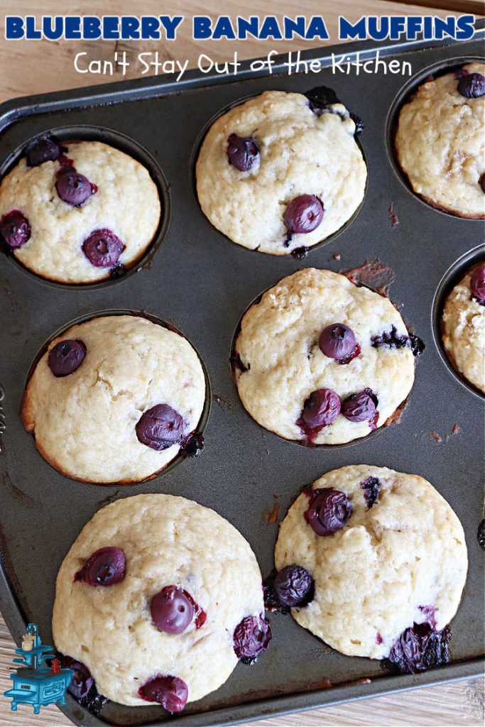 Blueberry Banana Muffins | Can't Stay Out of the Kitchen | these lovely #muffins pop in flavor with fresh #blueberries in every bite. Terrific #entree for any #breakfast or #brunch #buffet, especially good for company & #holidays. #Bananas & #applesauce keep these #BreakfastMuffins moist & delicious. #BlueberryBananaMuffins