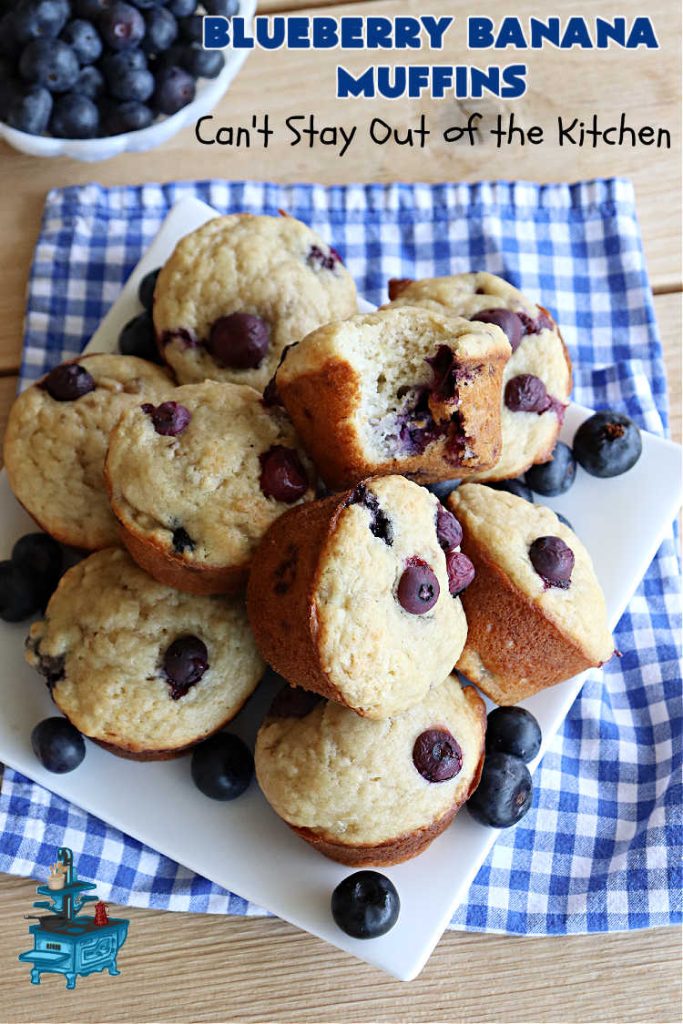 Blueberry Banana Muffins | Can't Stay Out of the Kitchen | these lovely #muffins pop in flavor with fresh #blueberries in every bite. Terrific #entree for any #breakfast or #brunch #buffet, especially good for company & #holidays. #Bananas & #applesauce keep these #BreakfastMuffins moist & delicious. #BlueberryBananaMuffins