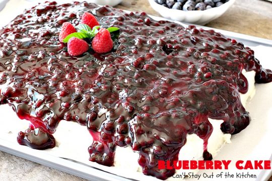 Blueberry Cake | Can't Stay Out of the Kitchen | this luscious #cake #recipe uses only 8 ingredients. It's really easy but so incredibly scrumptious. It has a cream cheese frosting & it's covered with #blueberrypiefilling. Perfect for #FourthofJuly potlucks, too. #dessert #blueberry 