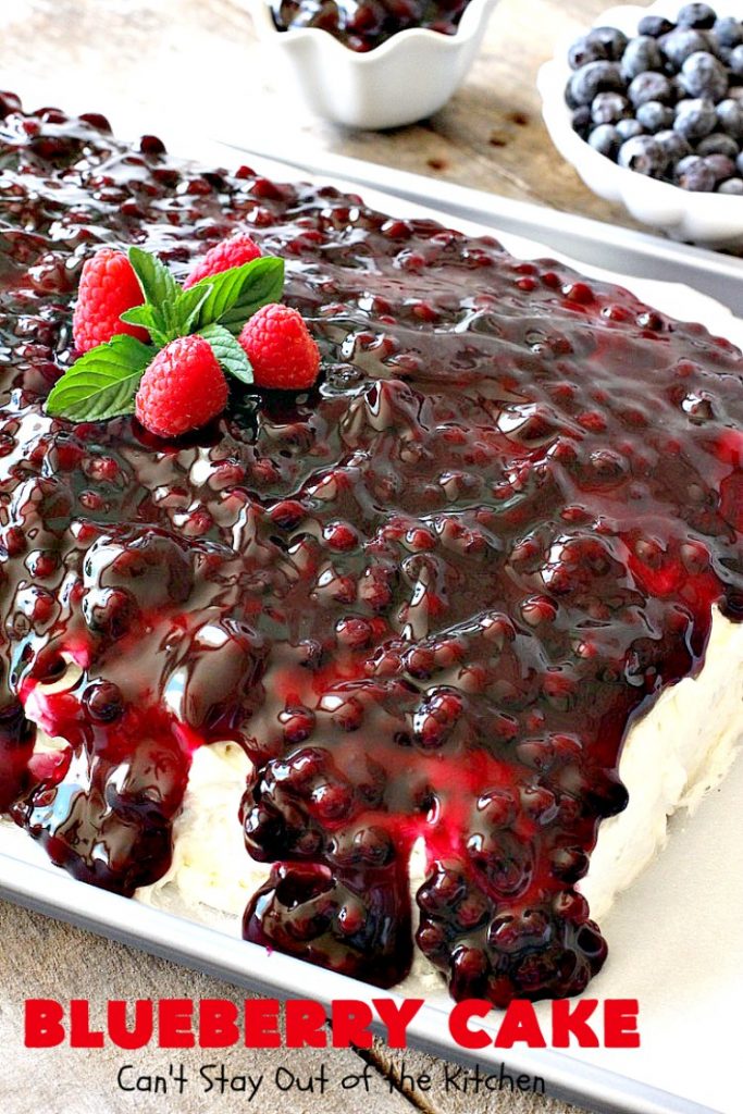 Blueberry Cake | Can't Stay Out of the Kitchen | this luscious #cake #recipe uses only 8 ingredients. It's really easy but so incredibly scrumptious. It has a cream cheese frosting & it's covered with #blueberrypiefilling. Perfect for #FourthofJuly potlucks, too. #dessert #blueberry 