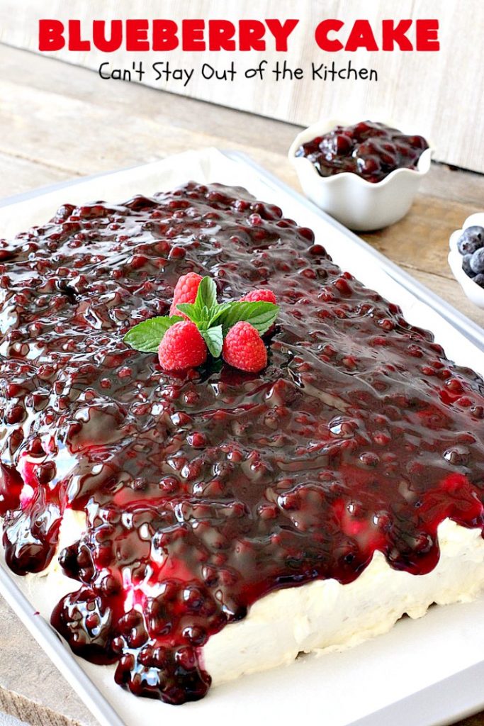 Blueberry Cake | Can't Stay Out of the Kitchen | this luscious #cake #recipe uses only 8 ingredients. It's really easy but so incredibly scrumptious. It has a cream cheese frosting & it's covered with #blueberrypiefilling. Perfect for #FourthofJuly potlucks, too. #dessert #blueberry 