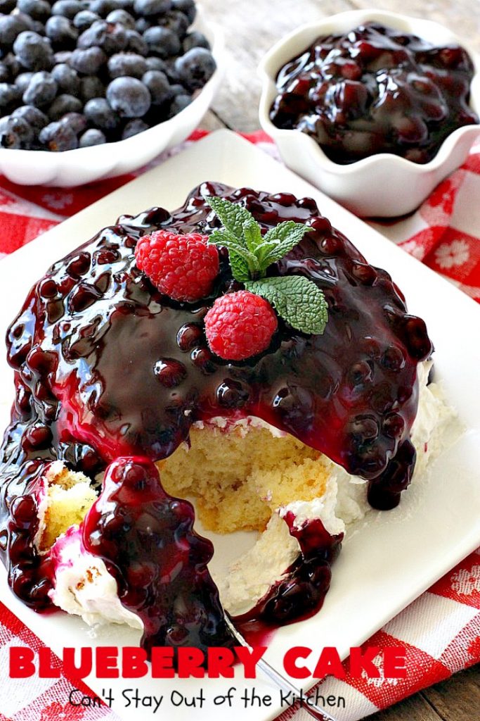 Blueberry Cake | Can't Stay Out of the Kitchen | this luscious #cake #recipe uses only 8 ingredients. It's really easy but so incredibly scrumptious. It has a cream cheese frosting & it's covered with #blueberrypiefilling. Perfect for #FourthofJuly potlucks, too. #dessert #blueberry 