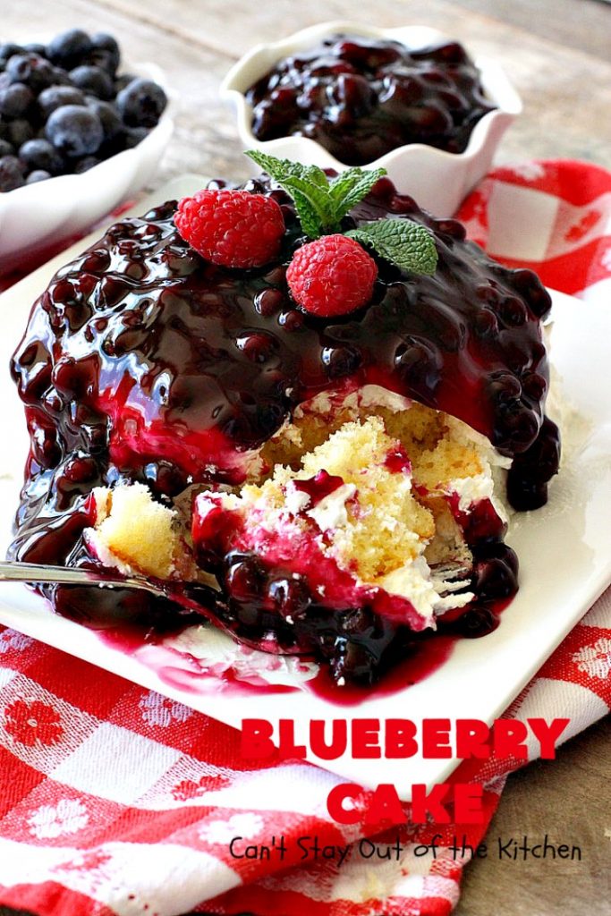 Blueberry Cake | Can't Stay Out of the Kitchen | this luscious #cake #recipe uses only 8 ingredients. It's really easy but so incredibly scrumptious. It has a cream cheese frosting & it's covered with #blueberrypiefilling. Perfect for #FourthofJuly potlucks, too. #dessert #blueberry 