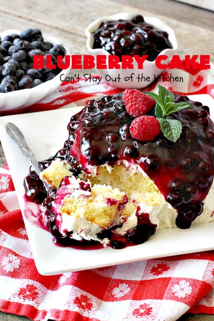 Blueberry Cake | Can't Stay Out of the Kitchen | this luscious #cake #recipe uses only 8 ingredients. It's really easy but so incredibly scrumptious. It has a cream cheese frosting & it's covered with #blueberrypiefilling. Perfect for #FourthofJuly potlucks, too. #dessert #blueberry 