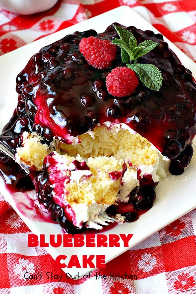 Blueberry Cake | Can't Stay Out of the Kitchen | this luscious #cake #recipe uses only 8 ingredients. It's really easy but so incredibly scrumptious. It has a cream cheese frosting & it's covered with #blueberrypiefilling. Perfect for #FourthofJuly potlucks, too. #dessert #blueberry 