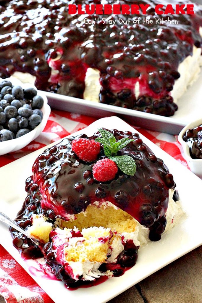 Blueberry Cake | Can't Stay Out of the Kitchen | this luscious #cake #recipe uses only 8 ingredients. It's really easy but so incredibly scrumptious. It has a cream cheese frosting & it's covered with #blueberrypiefilling. Perfect for #FourthofJuly potlucks, too. #dessert #blueberry 