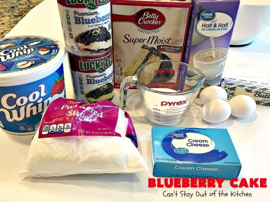 Blueberry Cake | Can't Stay Out of the Kitchen | this luscious #cake #recipe uses only 8 ingredients. It's really easy but so incredibly scrumptious. It has a cream cheese frosting & it's covered with #blueberrypiefilling. Perfect for #FourthofJuly potlucks, too. #dessert #blueberry 