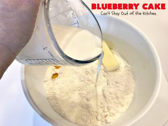Blueberry Cake | Can't Stay Out of the Kitchen | this luscious #cake #recipe uses only 8 ingredients. It's really easy but so incredibly scrumptious. It has a cream cheese frosting & it's covered with #blueberrypiefilling. Perfect for #FourthofJuly potlucks, too. #dessert #blueberry 