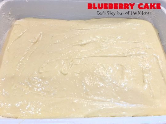 Blueberry Cake | Can't Stay Out of the Kitchen | this luscious #cake #recipe uses only 8 ingredients. It's really easy but so incredibly scrumptious. It has a cream cheese frosting & it's covered with #blueberrypiefilling. Perfect for #FourthofJuly potlucks, too. #dessert #blueberry 