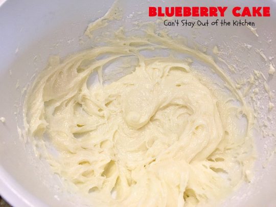 Blueberry Cake | Can't Stay Out of the Kitchen | this luscious #cake #recipe uses only 8 ingredients. It's really easy but so incredibly scrumptious. It has a cream cheese frosting & it's covered with #blueberrypiefilling. Perfect for #FourthofJuly potlucks, too. #dessert #blueberry 