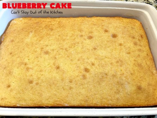 Blueberry Cake | Can't Stay Out of the Kitchen | this luscious #cake #recipe uses only 8 ingredients. It's really easy but so incredibly scrumptious. It has a cream cheese frosting & it's covered with #blueberrypiefilling. Perfect for #FourthofJuly potlucks, too. #dessert #blueberry 