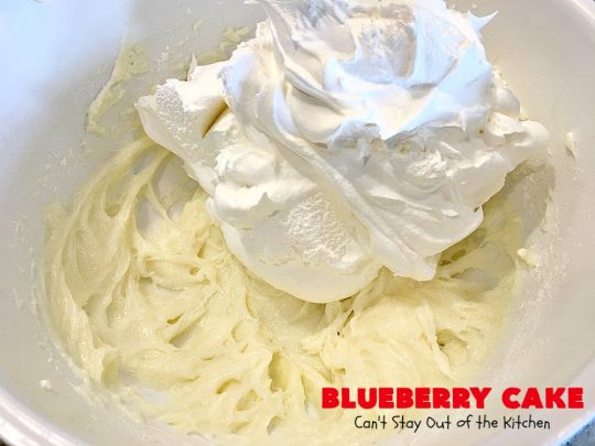 Blueberry Cake | Can't Stay Out of the Kitchen | this luscious #cake #recipe uses only 8 ingredients. It's really easy but so incredibly scrumptious. It has a cream cheese frosting & it's covered with #blueberrypiefilling. Perfect for #FourthofJuly potlucks, too. #dessert #blueberry 