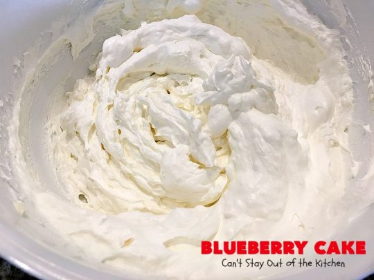 Blueberry Cake | Can't Stay Out of the Kitchen | this luscious #cake #recipe uses only 8 ingredients. It's really easy but so incredibly scrumptious. It has a cream cheese frosting & it's covered with #blueberrypiefilling. Perfect for #FourthofJuly potlucks, too. #dessert #blueberry 