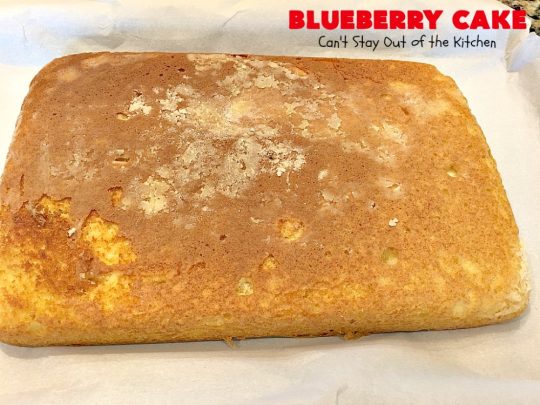 Blueberry Cake | Can't Stay Out of the Kitchen | this luscious #cake #recipe uses only 8 ingredients. It's really easy but so incredibly scrumptious. It has a cream cheese frosting & it's covered with #blueberrypiefilling. Perfect for #FourthofJuly potlucks, too. #dessert #blueberry 