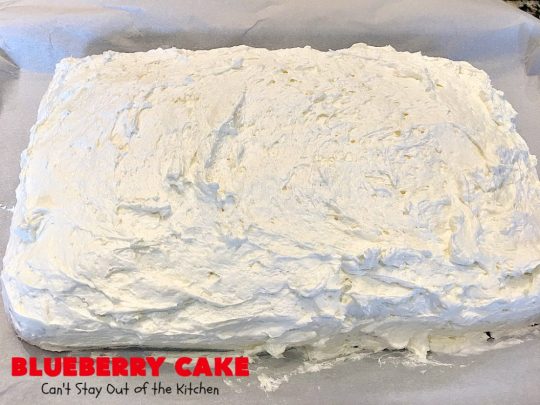 Blueberry Cake | Can't Stay Out of the Kitchen | this luscious #cake #recipe uses only 8 ingredients. It's really easy but so incredibly scrumptious. It has a cream cheese frosting & it's covered with #blueberrypiefilling. Perfect for #FourthofJuly potlucks, too. #dessert #blueberry 