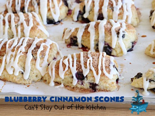 Blueberry Cinnamon Scones | Can't Stay Out of the Kitchen | these #scones are absolutely delightful.. They have a soft, almost bread-like texture & they're filled with #blueberries, baked with a #CinnamonSugar topping & iced with a powdered sugar glaze. They're fantastic for weekend, company or a #holiday #breakfast. Every bite will have you swooning! #BlueberryCinnamonScones