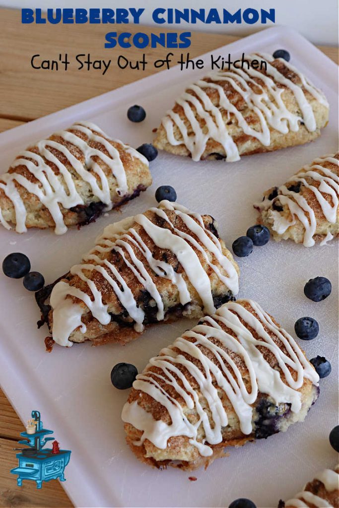 Blueberry Cinnamon Scones | Can't Stay Out of the Kitchen | these #scones are absolutely delightful.. They have a soft, almost bread-like texture & they're filled with #blueberries, baked with a #CinnamonSugar topping & iced with a powdered sugar glaze. They're fantastic for weekend, company or a #holiday #breakfast. Every bite will have you swooning! #BlueberryCinnamonScones