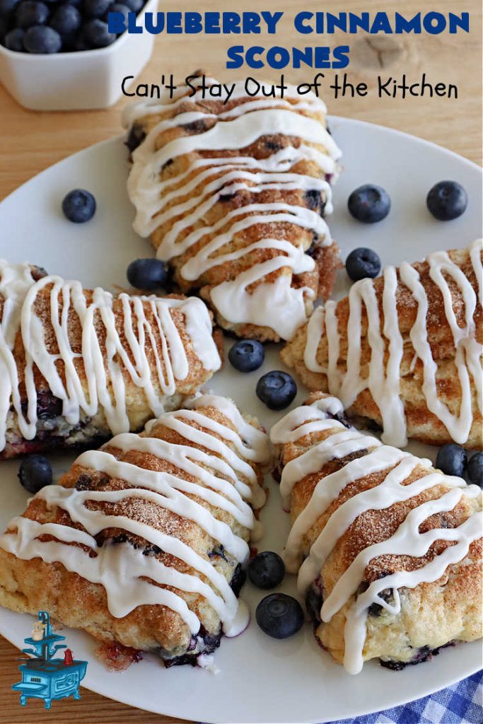 Blueberry Cinnamon Scones | Can't Stay Out of the Kitchen | these #scones are absolutely delightful.. They have a soft, almost bread-like texture & they're filled with #blueberries, baked with a #CinnamonSugar topping & iced with a powdered sugar glaze. They're fantastic for weekend, company or a #holiday #breakfast. Every bite will have you swooning! #BlueberryCinnamonScones