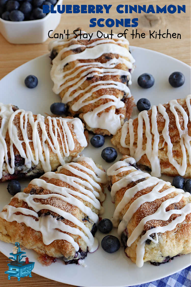 Blueberry Cinnamon Scones | Can't Stay Out of the Kitchen | these #scones are absolutely delightful.. They have a soft, almost bread-like texture & they're filled with #blueberries, baked with a #CinnamonSugar topping & iced with a powdered sugar glaze. They're fantastic for weekend, company or a #holiday #breakfast. Every bite will have you swooning! #BlueberryCinnamonScones