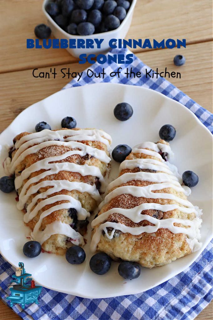 Blueberry Cinnamon Scones | Can't Stay Out of the Kitchen | these #scones are absolutely delightful.. They have a soft, almost bread-like texture & they're filled with #blueberries, baked with a #CinnamonSugar topping & iced with a powdered sugar glaze. They're fantastic for weekend, company or a #holiday #breakfast. Every bite will have you swooning! #BlueberryCinnamonScones