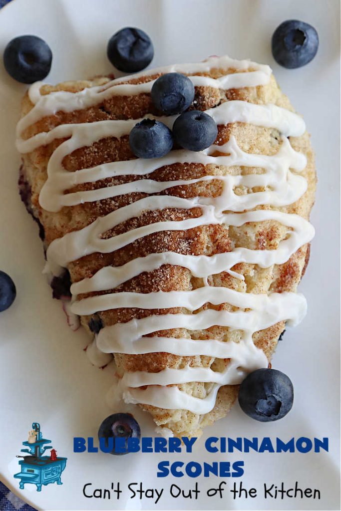 Blueberry Cinnamon Scones | Can't Stay Out of the Kitchen | these #scones are absolutely delightful.. They have a soft, almost bread-like texture & they're filled with #blueberries, baked with a #CinnamonSugar topping & iced with a powdered sugar glaze. They're fantastic for weekend, company or a #holiday #breakfast. Every bite will have you swooning! #BlueberryCinnamonScones
