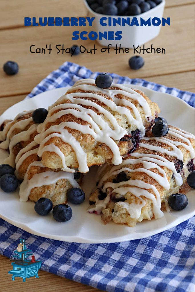 Blueberry Cinnamon Scones | Can't Stay Out of the Kitchen | these #scones are absolutely delightful.. They have a soft, almost bread-like texture & they're filled with #blueberries, baked with a #CinnamonSugar topping & iced with a powdered sugar glaze. They're fantastic for weekend, company or a #holiday #breakfast. Every bite will have you swooning! #BlueberryCinnamonScones