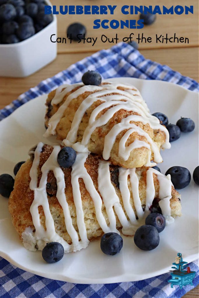 Blueberry Cinnamon Scones | Can't Stay Out of the Kitchen | these #scones are absolutely delightful.. They have a soft, almost bread-like texture & they're filled with #blueberries, baked with a #CinnamonSugar topping & iced with a powdered sugar glaze. They're fantastic for weekend, company or a #holiday #breakfast. Every bite will have you swooning! #BlueberryCinnamonScones