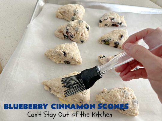 Blueberry Cinnamon Scones | Can't Stay Out of the Kitchen | these #scones are absolutely delightful.. They have a soft, almost bread-like texture & they're filled with #blueberries, baked with a #CinnamonSugar topping & iced with a powdered sugar glaze. They're fantastic for weekend, company or a #holiday #breakfast. Every bite will have you swooning! #BlueberryCinnamonScones