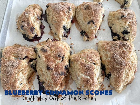 Blueberry Cinnamon Scones | Can't Stay Out of the Kitchen | these #scones are absolutely delightful.. They have a soft, almost bread-like texture & they're filled with #blueberries, baked with a #CinnamonSugar topping & iced with a powdered sugar glaze. They're fantastic for weekend, company or a #holiday #breakfast. Every bite will have you swooning! #BlueberryCinnamonScones