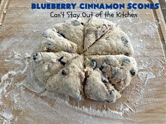 Blueberry Cinnamon Scones | Can't Stay Out of the Kitchen | these #scones are absolutely delightful.. They have a soft, almost bread-like texture & they're filled with #blueberries, baked with a #CinnamonSugar topping & iced with a powdered sugar glaze. They're fantastic for weekend, company or a #holiday #breakfast. Every bite will have you swooning! #BlueberryCinnamonScones